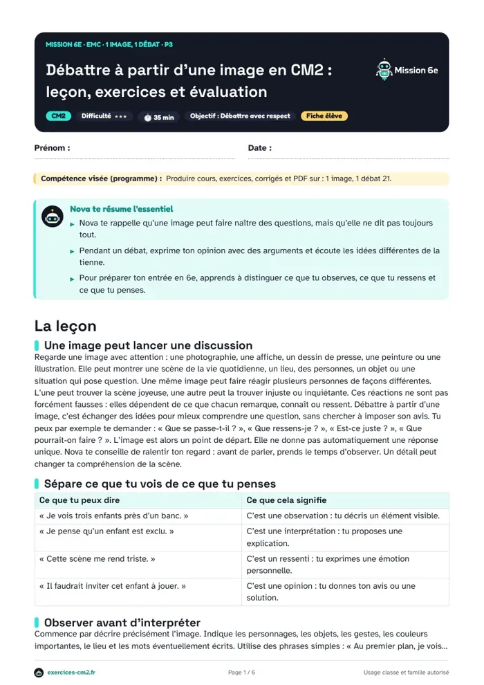 Aperçu du PDF à imprimer : Débattre à partir d’une image en CM2 : leçon, exercices et évaluation
