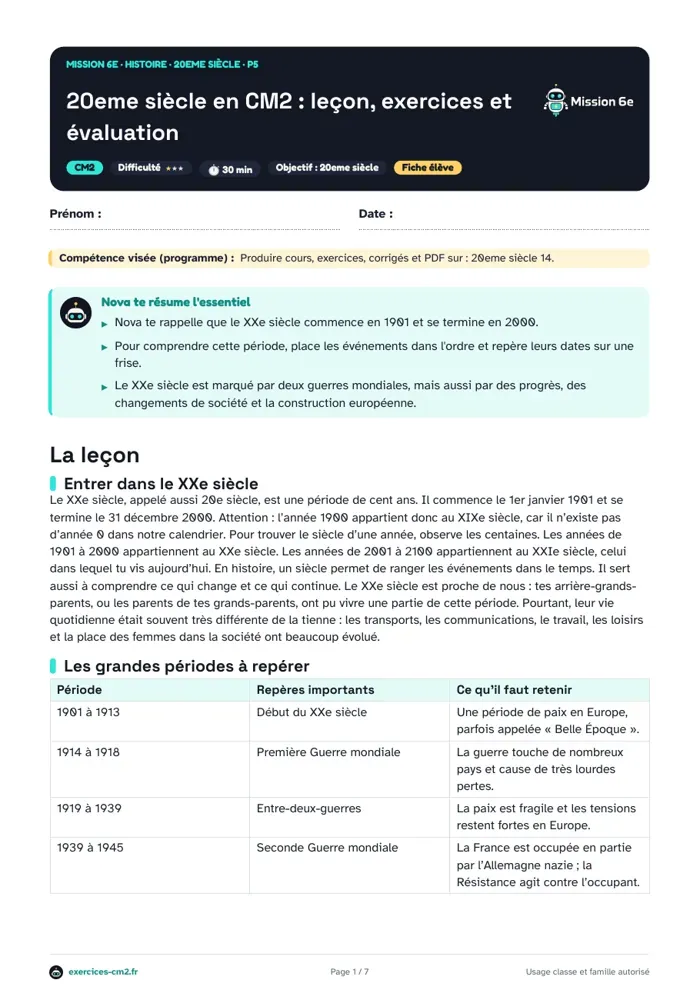 Aperçu du PDF à imprimer : Périodes et durées dans le 20e siècle en CM2 : guerres, construction européenne