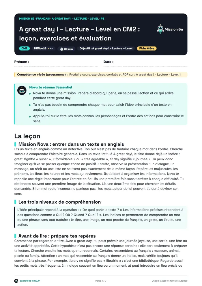 Aperçu du PDF à imprimer : A great day : lecture en anglais Level 1 en CM2, méthode et exercices
