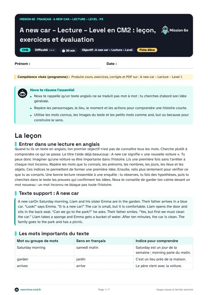 Aperçu du PDF à imprimer : A new car : lecture en anglais Level 1 en CM2, texte et exercices