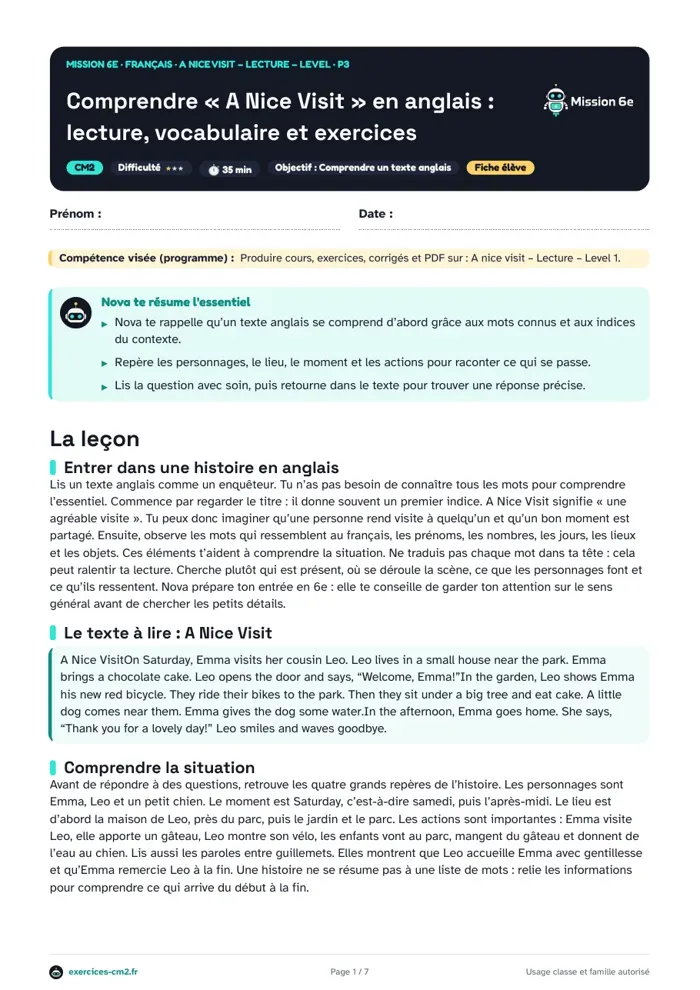 Aperçu du PDF à imprimer : Comprendre « A Nice Visit » en anglais : lecture, vocabulaire et exercices