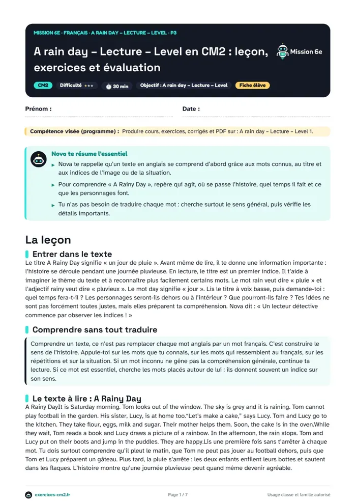 Aperçu du PDF à imprimer : A Rainy Day : lecture en anglais Level 1 en CM2, un récit sur un jour de pluie