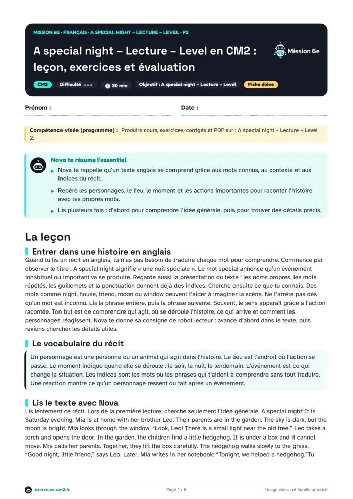 Aperçu du PDF à imprimer : A special night : lecture d’un récit en anglais, Level 2 en CM2