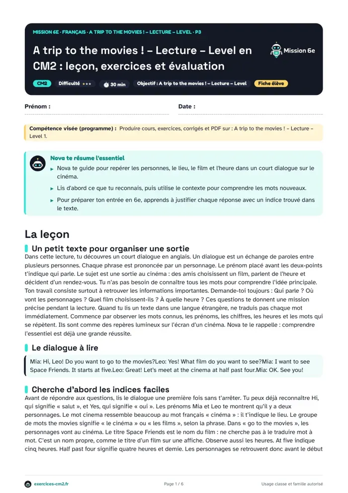 Aperçu du PDF à imprimer : A trip to the movies : lecture d’un dialogue en anglais, Level 1 en CM2