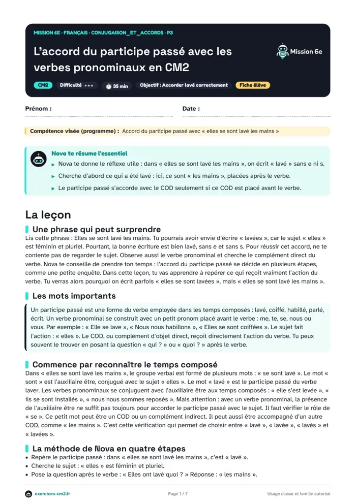 Aperçu du PDF à imprimer : L’accord du participe passé avec les verbes pronominaux en CM2
