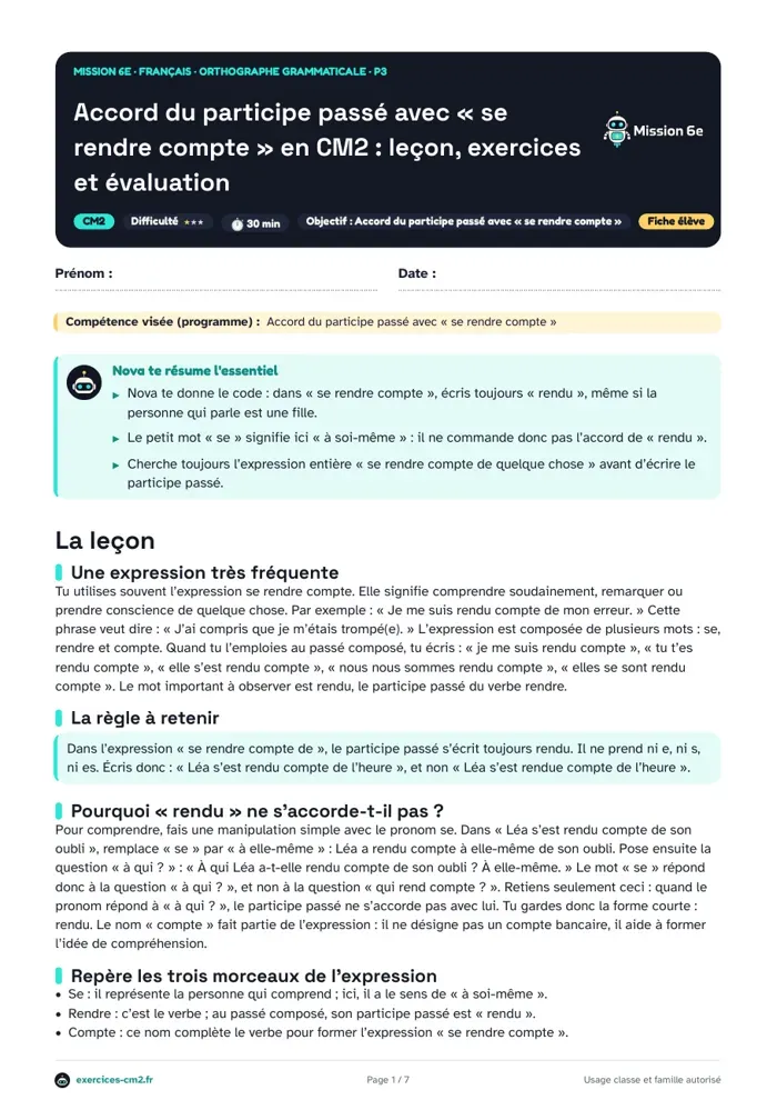 Aperçu du PDF à imprimer : Accord du participe passé avec « se rendre compte » en CM2 : leçon, exercices et évaluation