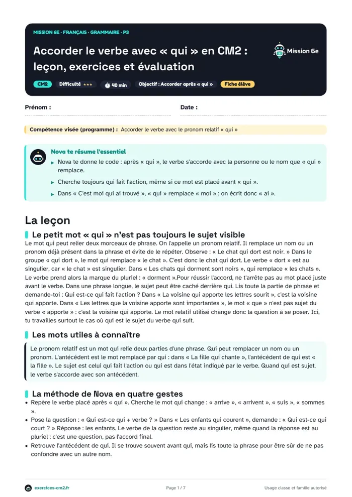 Aperçu du PDF à imprimer : Accorder le verbe avec « qui » en CM2 : leçon, exercices et évaluation