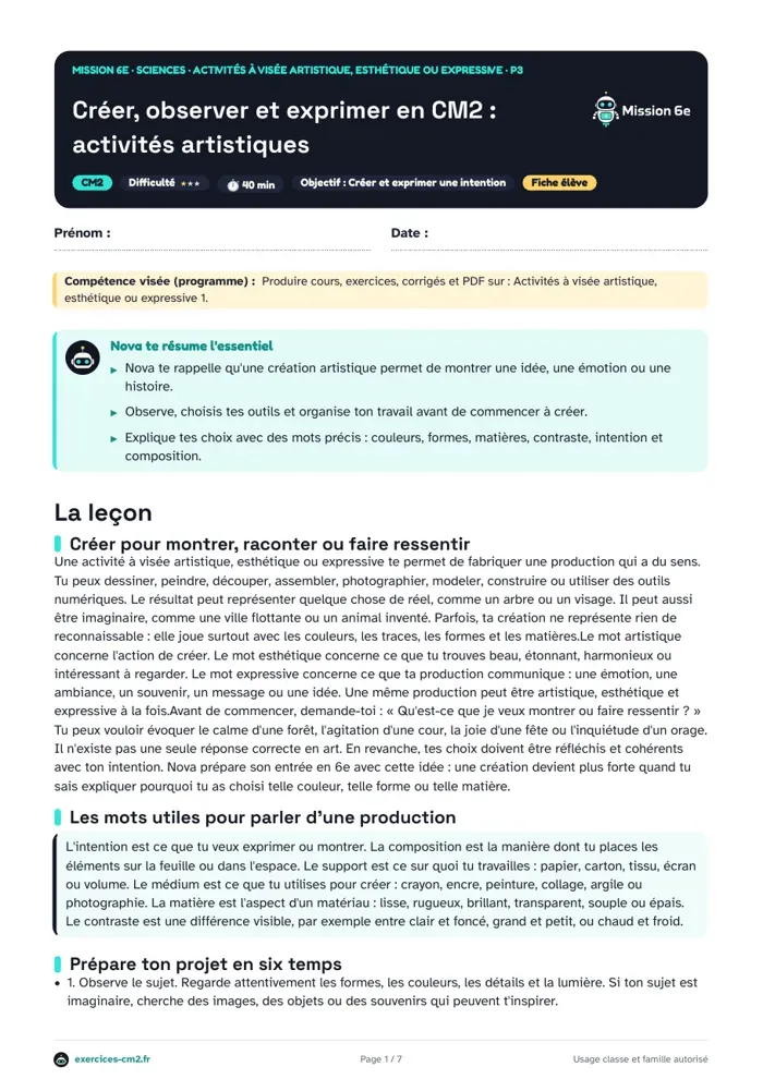Aperçu du PDF à imprimer : Créer, observer et exprimer en CM2 : activités artistiques