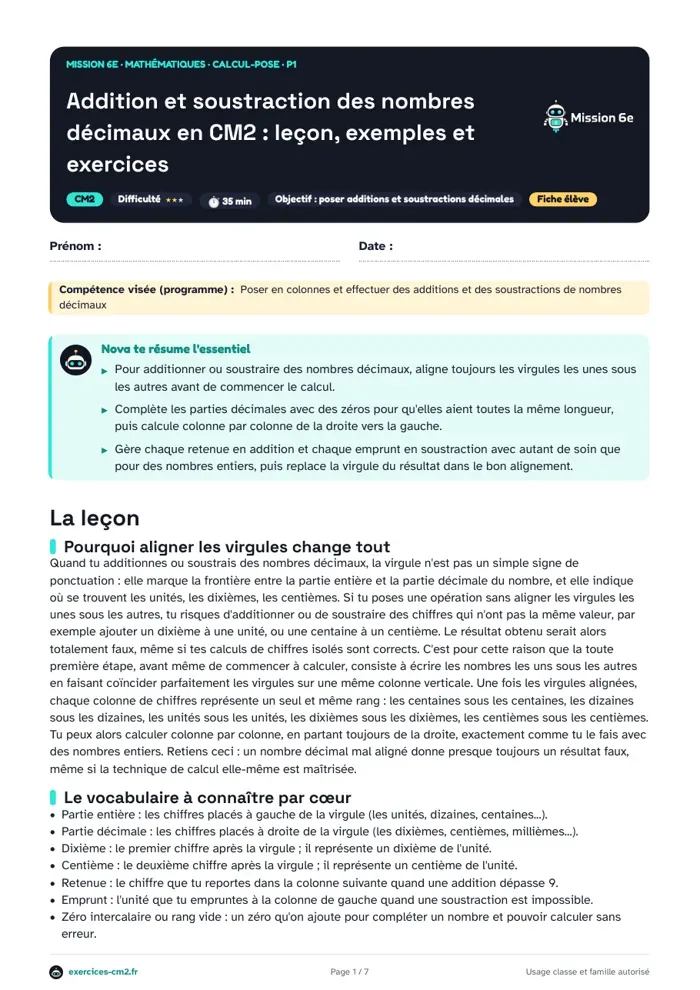 Aperçu du PDF à imprimer : Addition et soustraction des nombres décimaux en CM2 : leçon, exemples et exercices