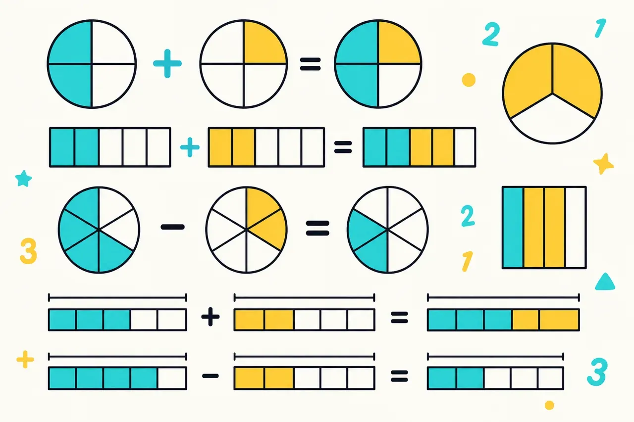 Additionner et soustraire des fractions, illustration Mission 6e