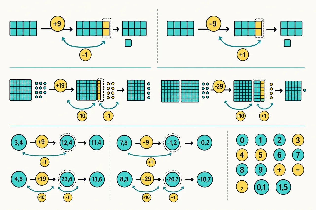 Procédures d'addition et de soustraction mentales (décimaux simples ; +/− 9, 19, 29... 99), illustration Mission 6e