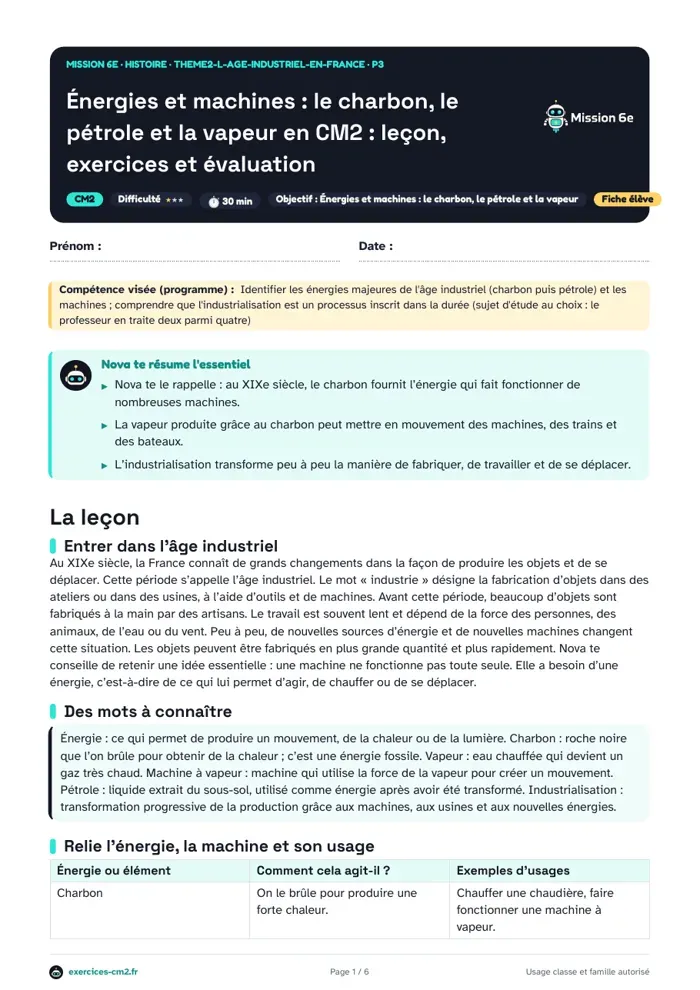 Aperçu du PDF à imprimer : Énergies et machines : le charbon, le pétrole et la vapeur en CM2 : leçon, exercices et évaluation