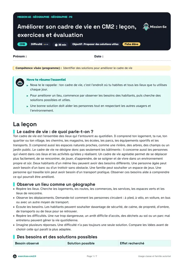 Aperçu du PDF à imprimer : Améliorer son cadre de vie en CM2 : leçon, exercices et évaluation