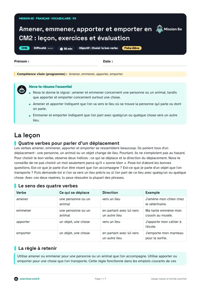 Aperçu du PDF à imprimer : Amener, emmener, apporter et emporter en CM2 : leçon, exercices et évaluation