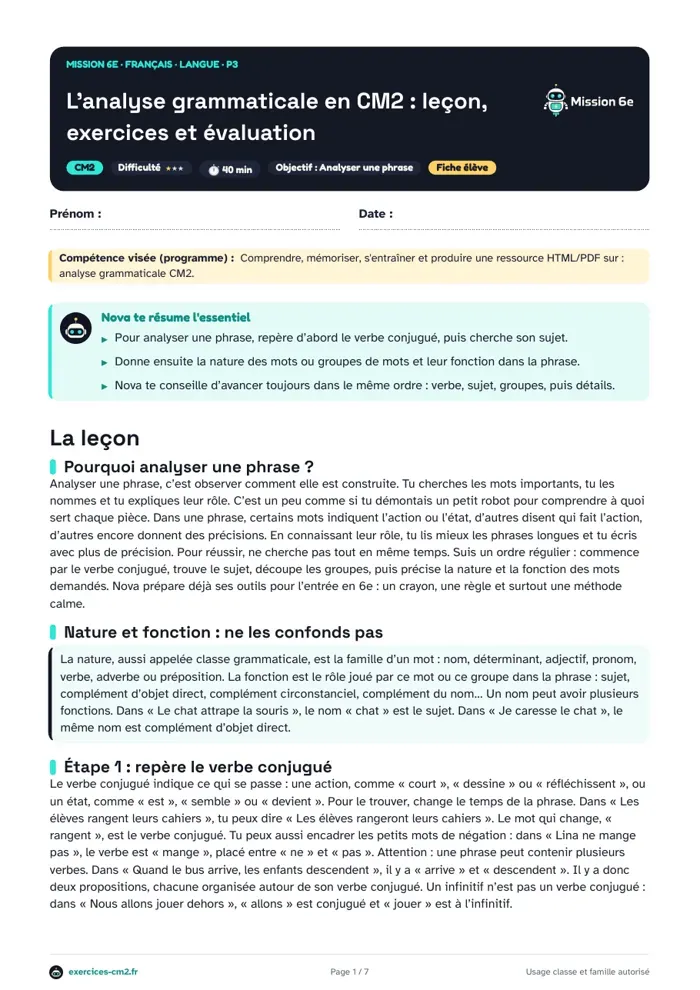Aperçu du PDF à imprimer : L’analyse grammaticale en CM2 : leçon, exercices et évaluation