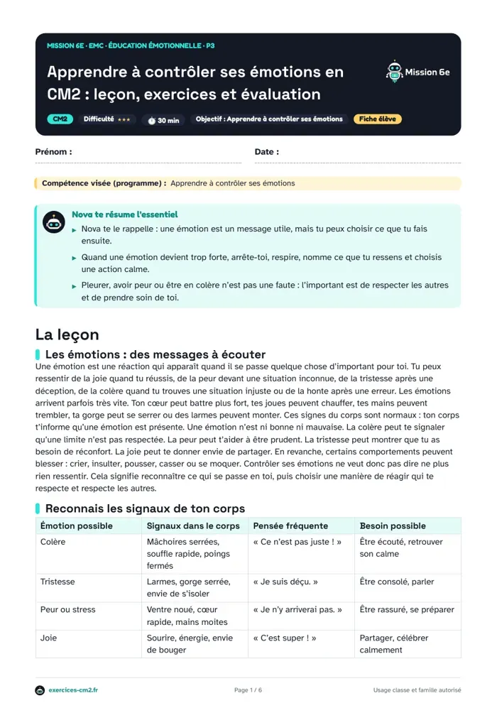 Aperçu du PDF à imprimer : Apprendre à contrôler ses émotions en CM2 : leçon, exercices et évaluation