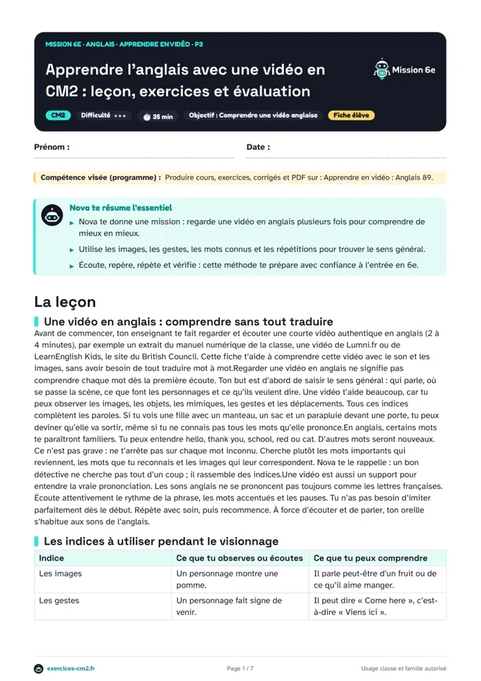 Aperçu du PDF à imprimer : Apprendre l’anglais avec une vidéo en CM2 : leçon, exercices et évaluation