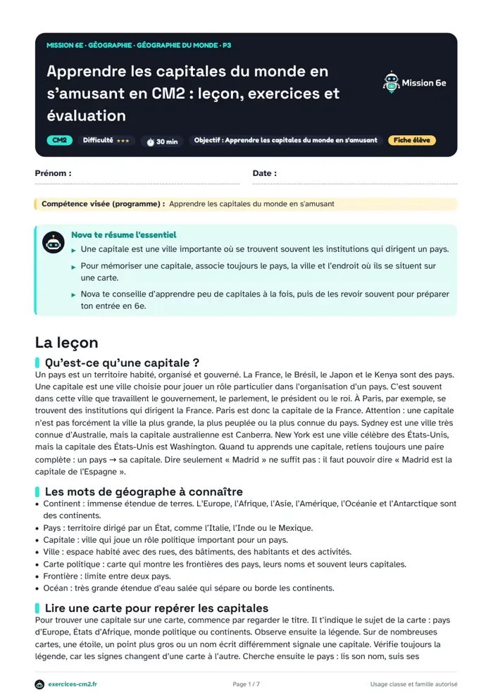 Aperçu du PDF à imprimer : Apprendre les capitales du monde en s'amusant en CM2 : leçon, exercices et évaluation