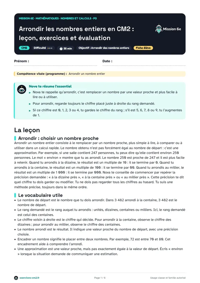 Aperçu du PDF à imprimer : Arrondir les nombres entiers en CM2 : leçon, exercices et évaluation