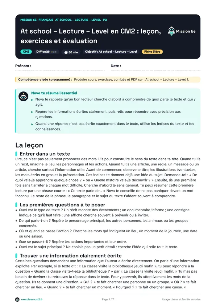 Aperçu du PDF à imprimer : At school, lecture Level 1 en CM2 : comprendre un texte et répondre aux questions