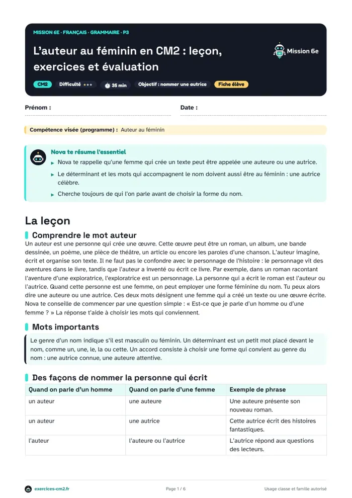 Aperçu du PDF à imprimer : L’auteur au féminin en CM2 : leçon, exercices et évaluation