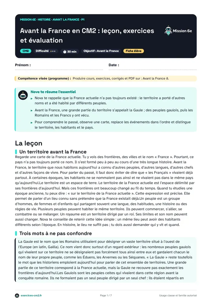 Aperçu du PDF à imprimer : Avant la France en CM2 : leçon, exercices et évaluation