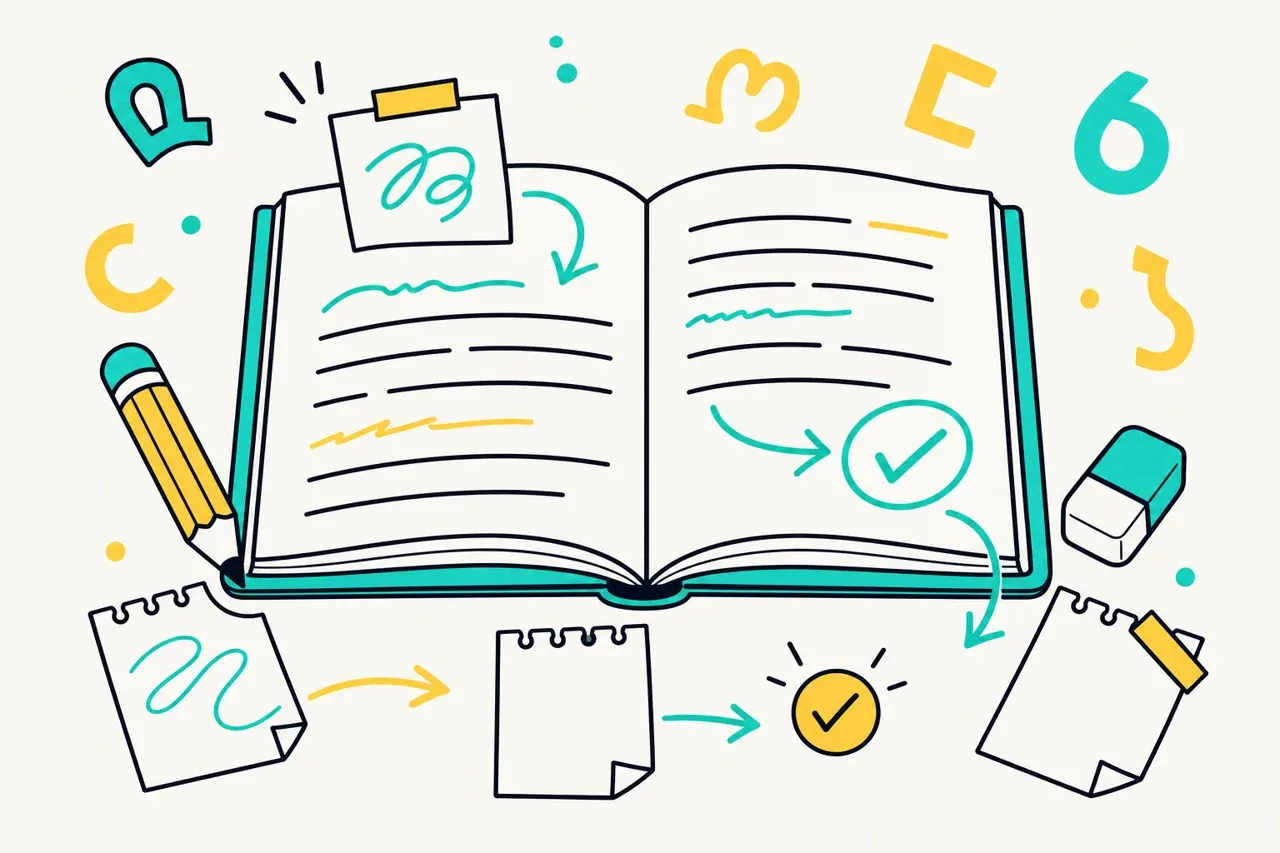 Brouillon, révision et amélioration de son texte, illustration Mission 6e