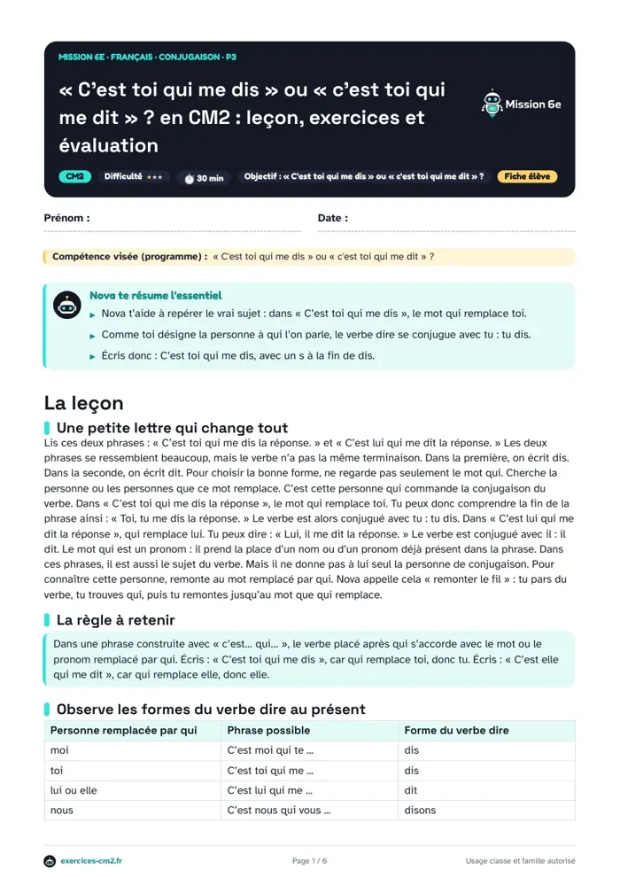 Aperçu du PDF à imprimer : « C'est toi qui me dis » ou « c'est toi qui me dit » ? en CM2 : leçon, exercices et évaluation