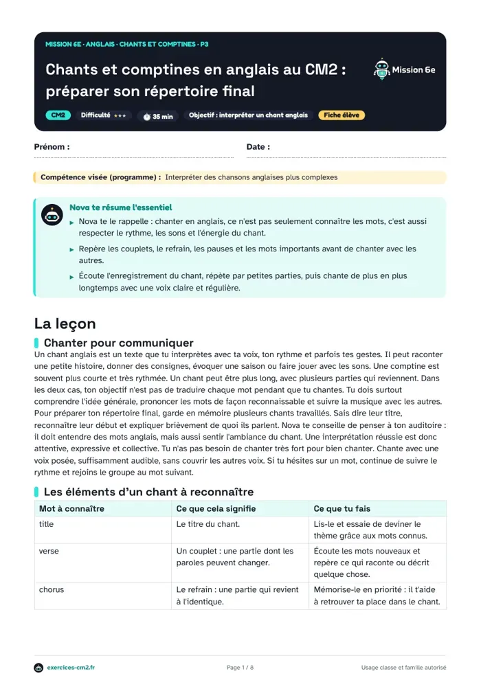 Aperçu du PDF à imprimer : Chants et comptines en anglais au CM2 : préparer son répertoire final