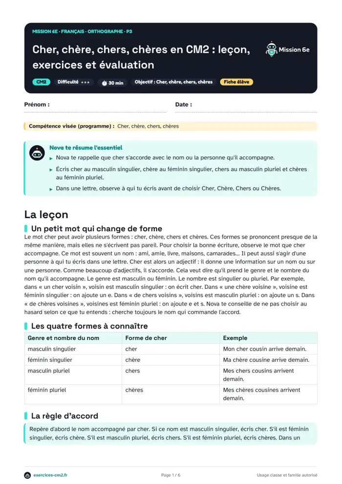Aperçu du PDF à imprimer : Cher, chère, chers, chères en CM2 : leçon, exercices et évaluation