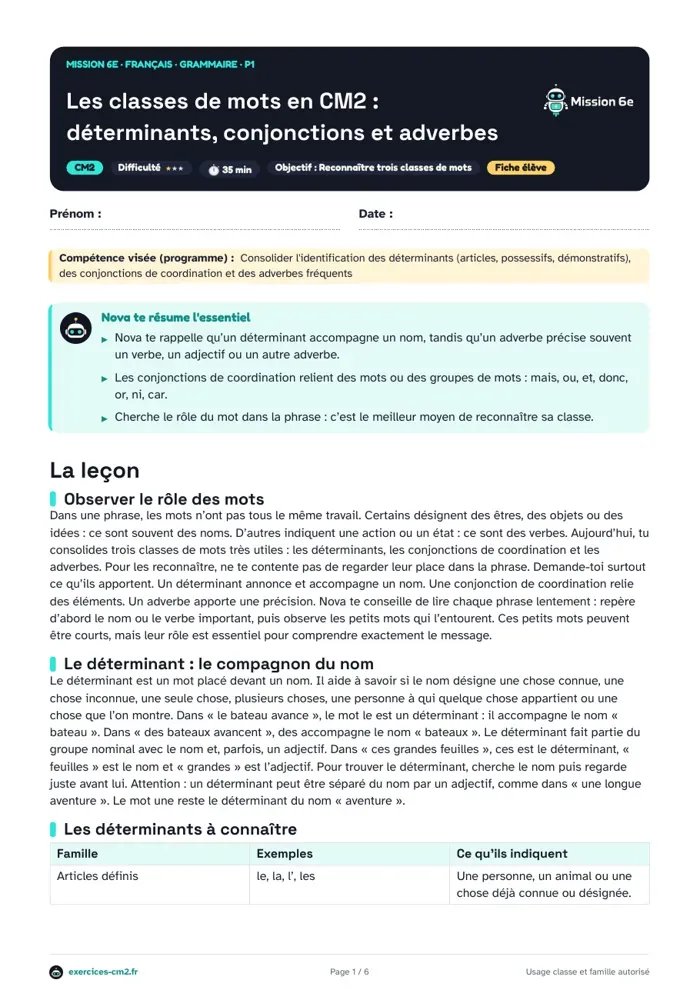 Aperçu du PDF à imprimer : Les classes de mots en CM2 : déterminants, conjonctions et adverbes