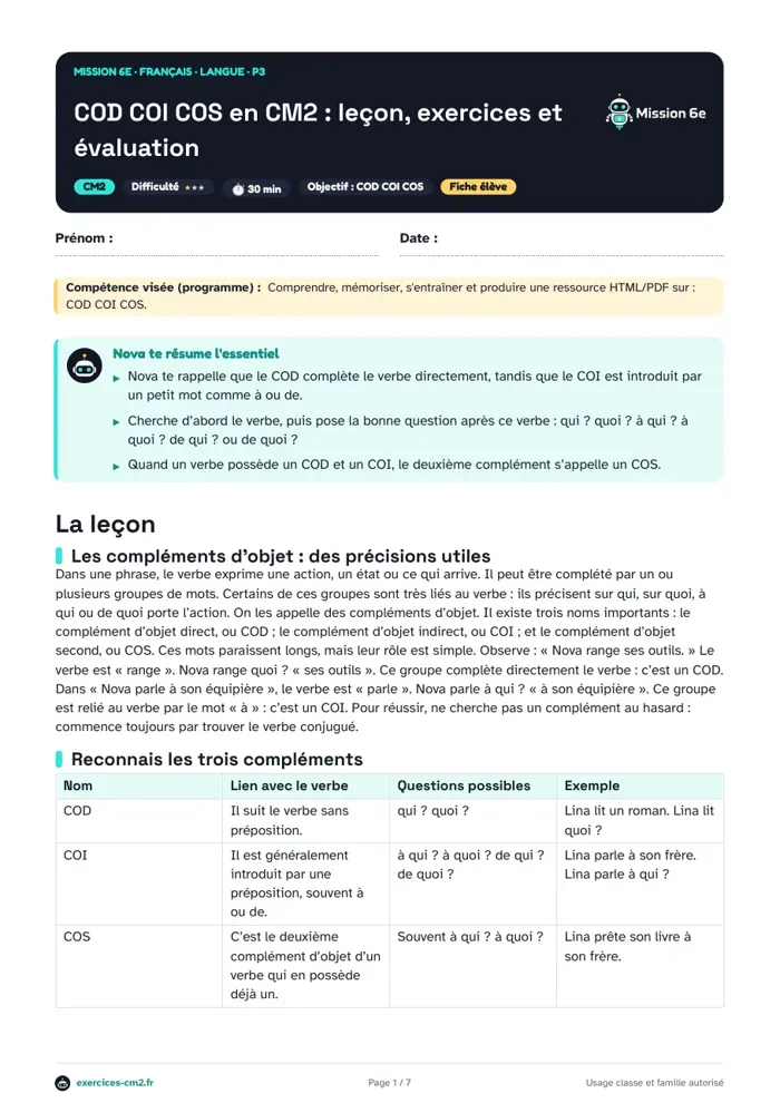 Aperçu du PDF à imprimer : COD COI COS en CM2 : leçon, exercices et évaluation