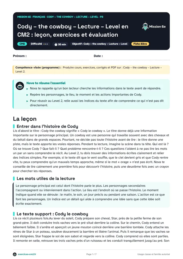 Aperçu du PDF à imprimer : Cody the cowboy, lecture Level 2 en CM2 : récit et questions de compréhension