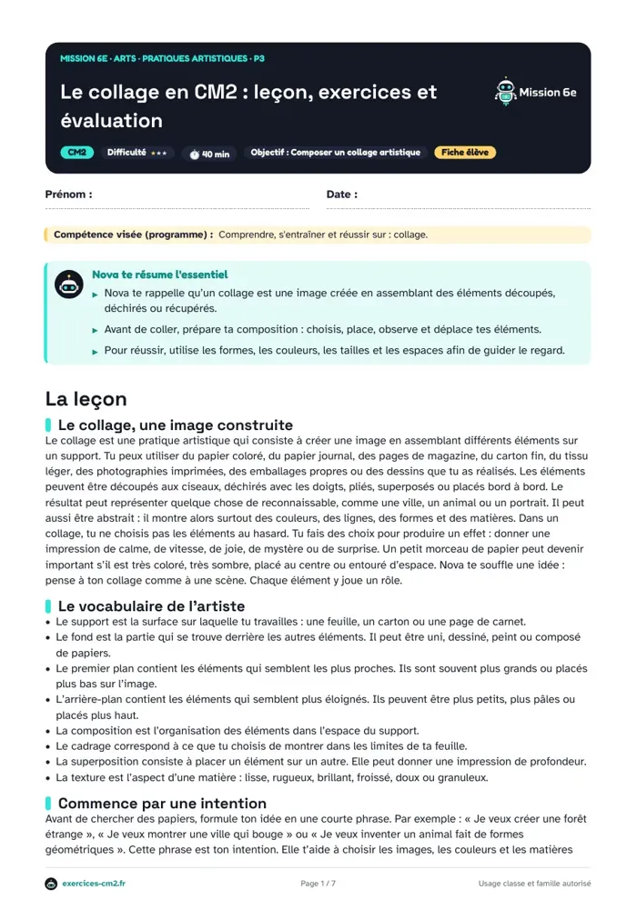 Aperçu du PDF à imprimer : Le collage en CM2 : leçon, exercices et évaluation
