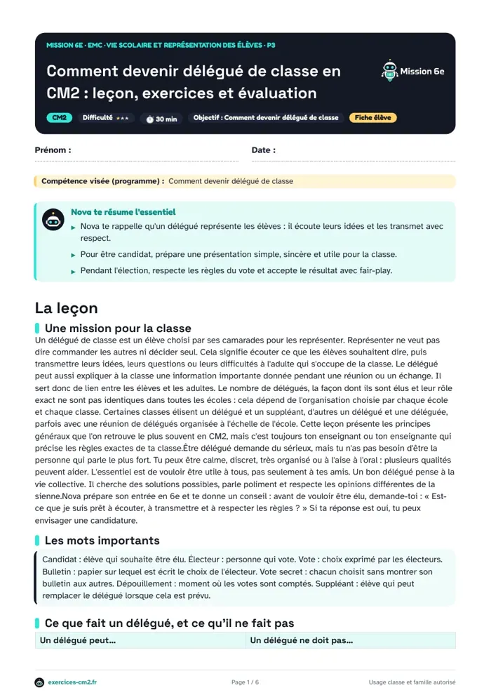 Aperçu du PDF à imprimer : Comment devenir délégué de classe en CM2 : leçon, exercices et évaluation
