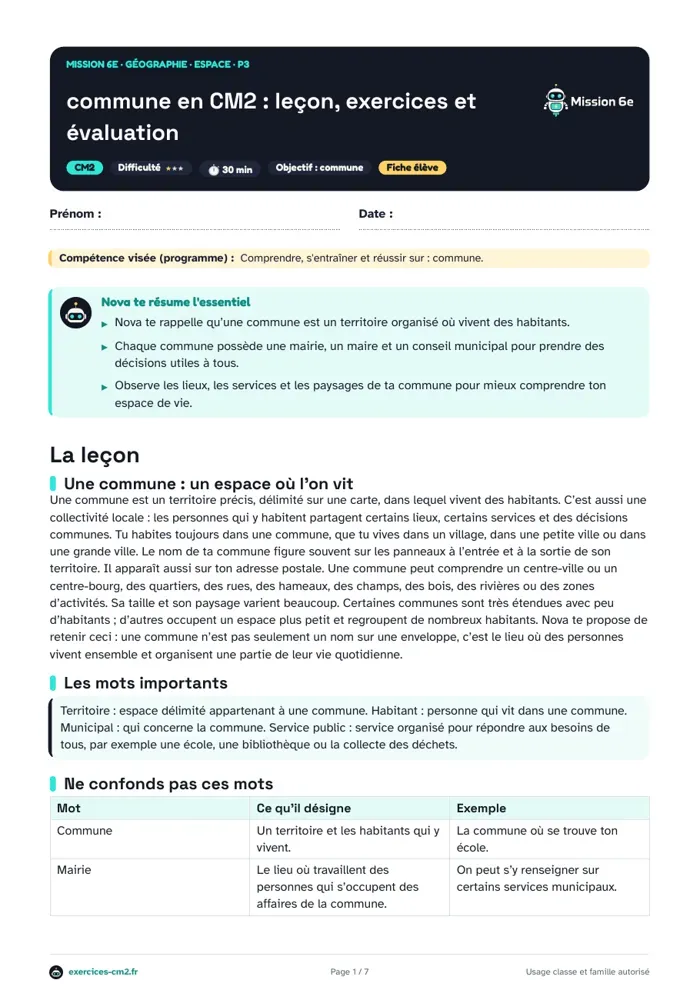 Aperçu du PDF à imprimer : Commune en CM2 : leçon, exercices et évaluation