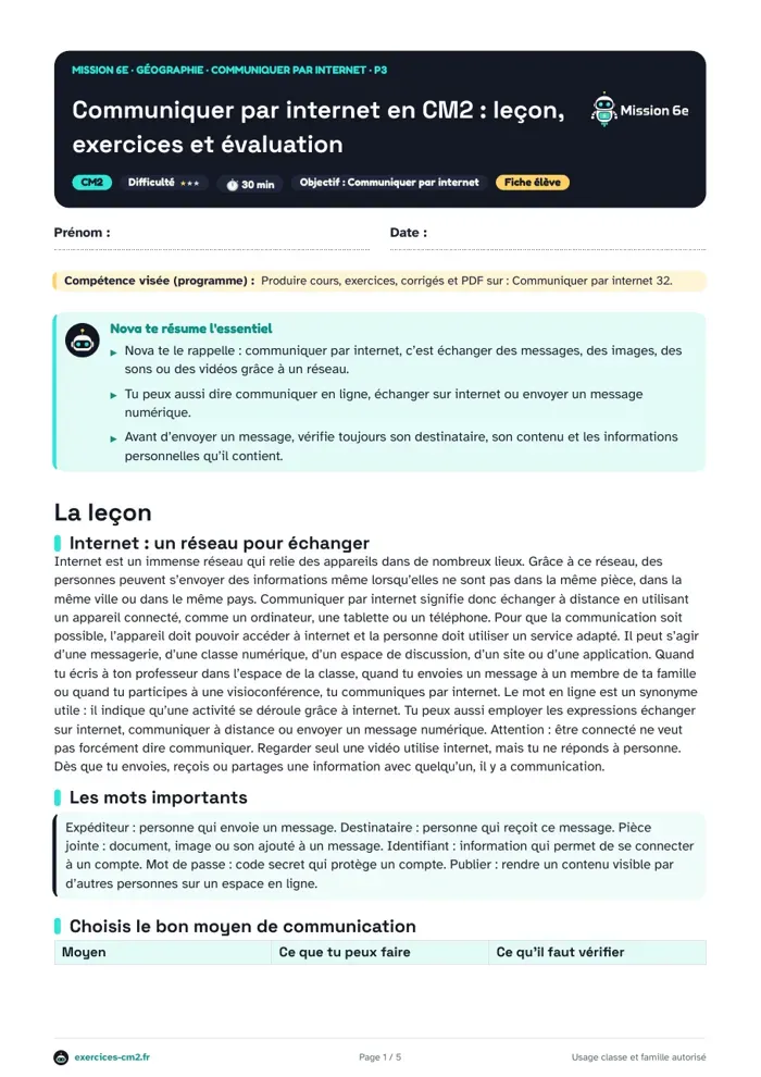 Aperçu du PDF à imprimer : Envoyer un message par internet au CM2 : destinataire, informations personnelles