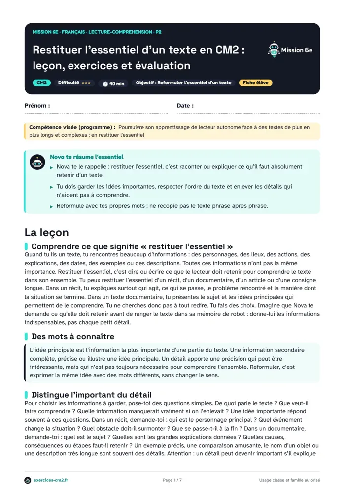 Aperçu du PDF à imprimer : Restituer l’essentiel d’un texte en CM2 : leçon, exercices et évaluation