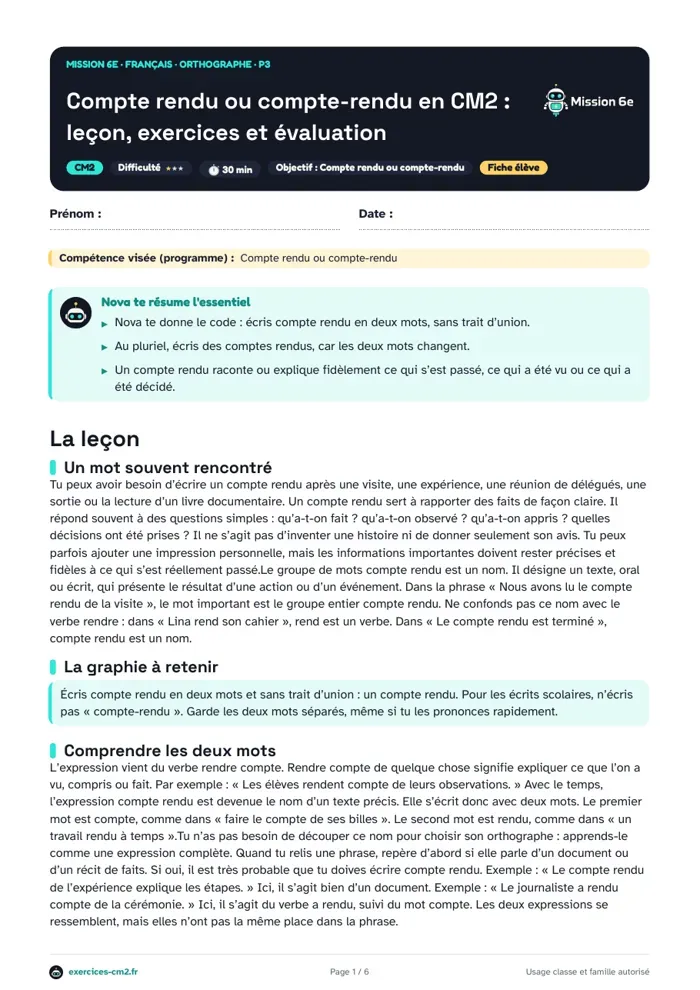 Aperçu du PDF à imprimer : Compte rendu ou compte-rendu en CM2 : leçon, exercices et évaluation
