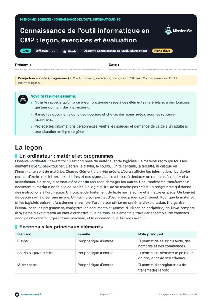 Aperçu du PDF à imprimer : Connaissance de l’outil informatique en CM2 : leçon, exercices et évaluation