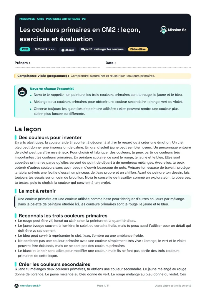 Aperçu du PDF à imprimer : Les couleurs primaires en CM2 : leçon, exercices et évaluation
