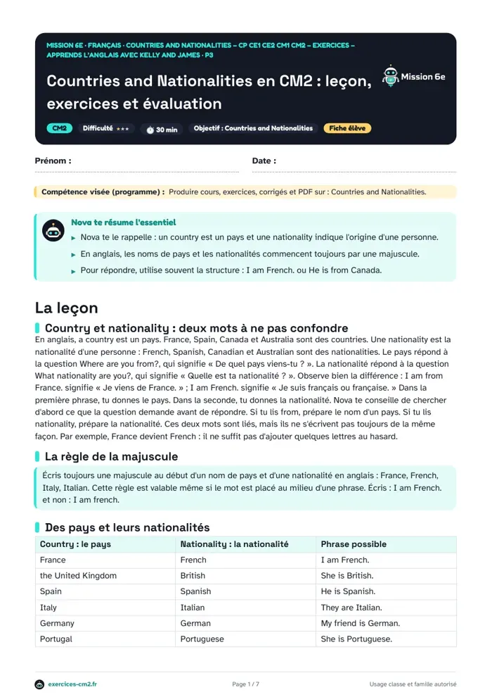 Aperçu du PDF à imprimer : Countries and Nationalities en CM2 : leçon, exercices et évaluation