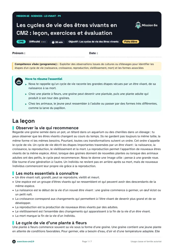 Aperçu du PDF à imprimer : Les cycles de vie des êtres vivants en CM2 : leçon, exercices et évaluation