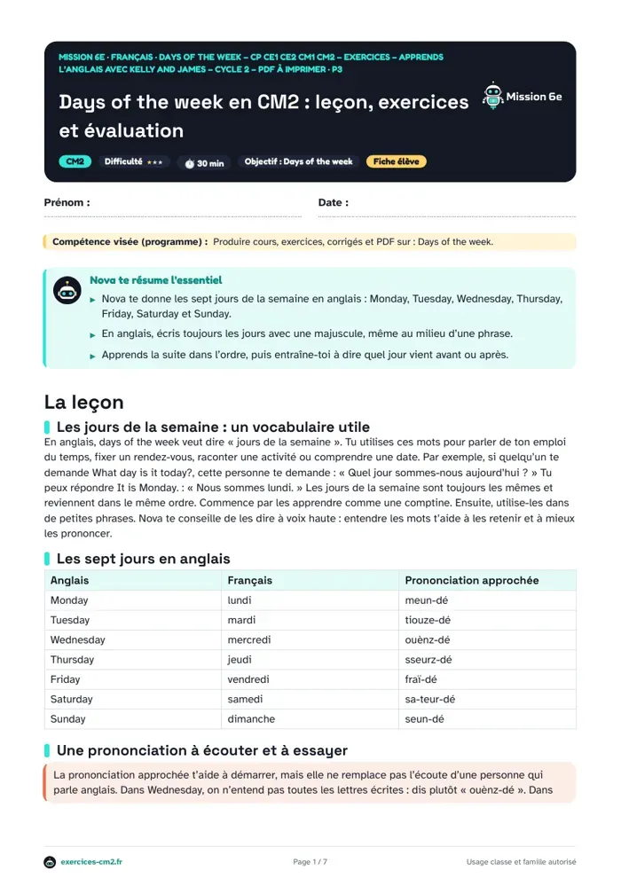Aperçu du PDF à imprimer : Days of the week en CM2 : leçon, exercices et évaluation