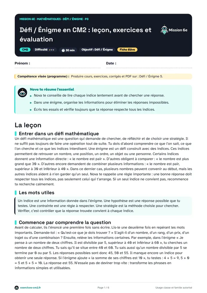 Aperçu du PDF à imprimer : Défis mathématiques en CM2 : résoudre une énigme indice après indice