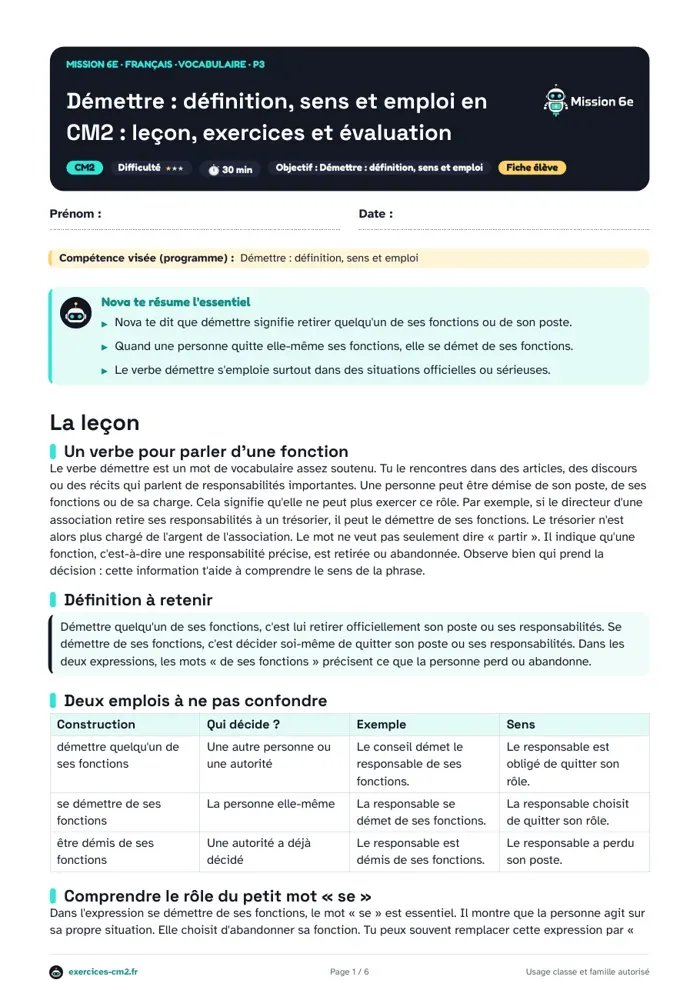Aperçu du PDF à imprimer : Démettre, définition, sens et emploi en CM2 : leçon, exercices et évaluation