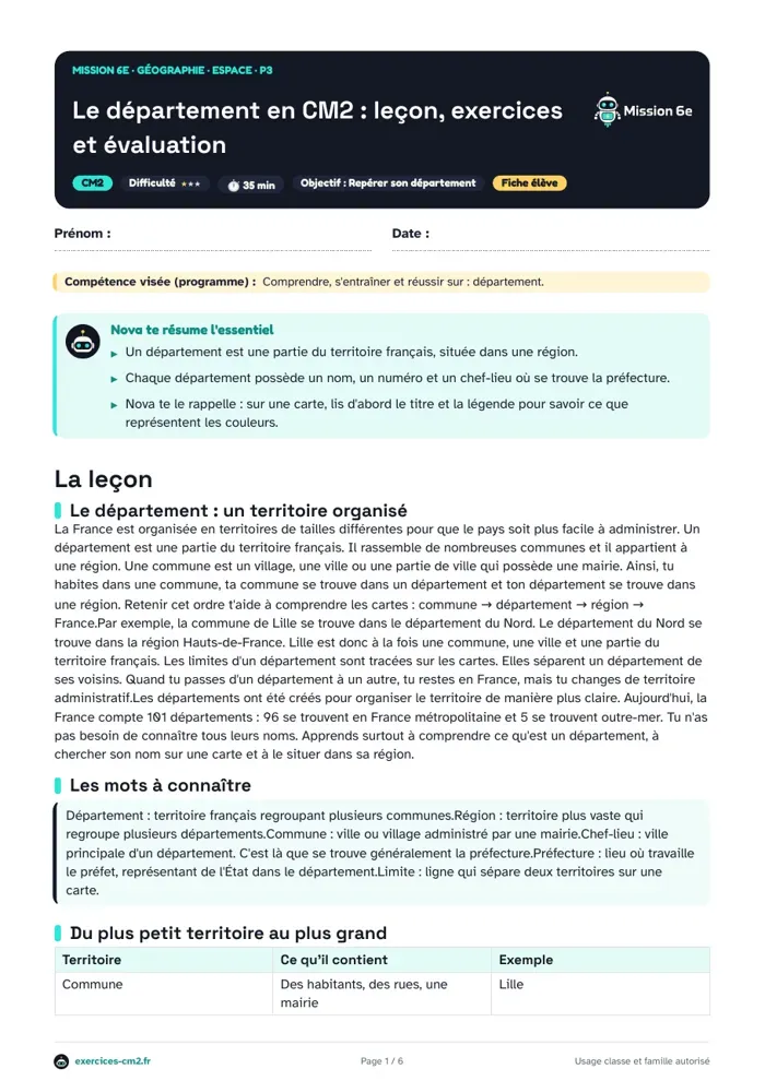 Aperçu du PDF à imprimer : Le département en CM2 : leçon, exercices et évaluation