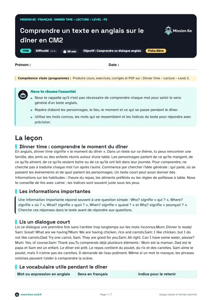 Aperçu du PDF à imprimer : Comprendre un texte en anglais sur le dîner en CM2