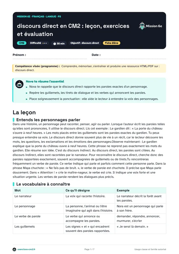 Aperçu du PDF à imprimer : Discours direct en CM2 : leçon, exercices et évaluation