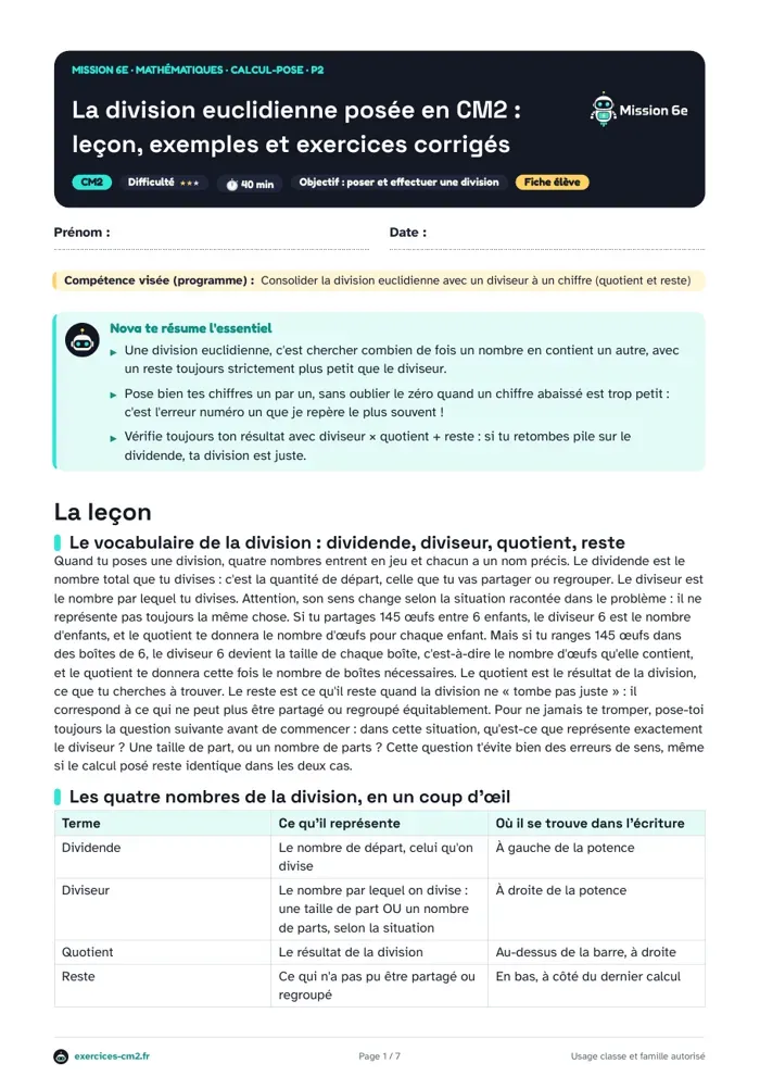 Aperçu du PDF à imprimer : La division posée en CM2 : leçon, exercices et évaluation